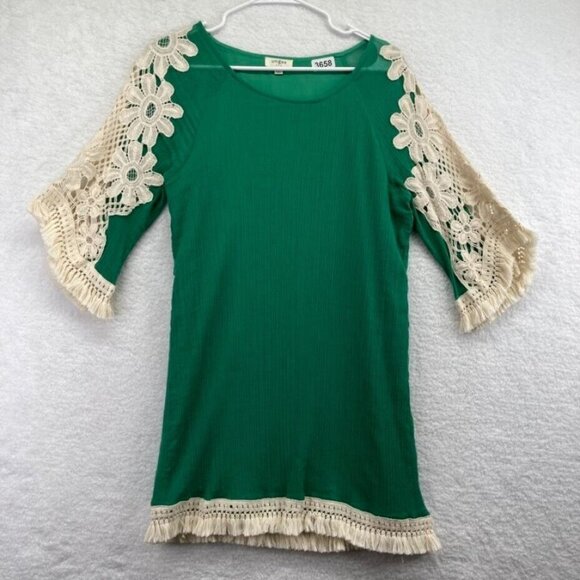 Umgee Womens Tunic Dress Size Small Kelly Green Crochet Flowers Fringe Hems Boho - Picture 1 of 7